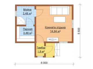 Баня 6х5.5м проект Амина 23.7м2 из бруса